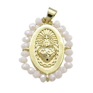 Sacred Heart Charms Copper Oval Pendant With White Crystal Glass Wire Wrapped Gold Plated, approx 20-25mm