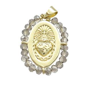 Sacred Heart Charms Copper Oval Pendant With Smoky Crystal Glass Wire Wrapped Gold Plated, approx 20-25mm