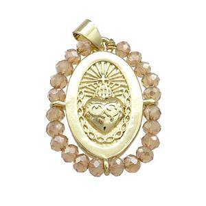 Sacred Heart Charms Copper Oval Pendant With Crystal Glass Wire Wrapped Gold Plated, approx 20-25mm