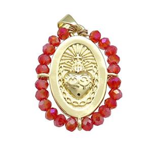 Sacred Heart Charms Copper Oval Pendant With Red Crystal Glass Wire Wrapped Gold Plated, approx 20-25mm