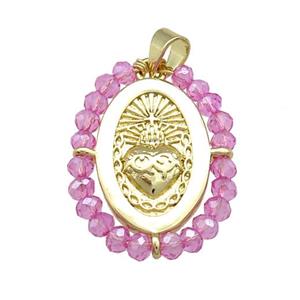 Sacred Heart Charms Copper Oval Pendant With Hotpink Crystal Glass Wire Wrapped Gold Plated, approx 20-25mm