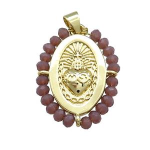 Sacred Heart Charms Copper Oval Pendant With Crystal Glass Wire Wrapped Gold Plated, approx 20-25mm