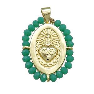 Sacred Heart Charms Copper Oval Pendant With Green Crystal Glass Wire Wrapped Gold Plated, approx 20-25mm