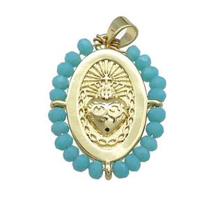 Sacred Heart Charms Copper Oval Pendant With Teal Crystal Glass Wire Wrapped Gold Plated, approx 20-25mm