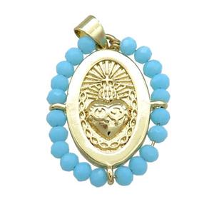 Sacred Heart Charms Copper Oval Pendant With Blue Crystal Glass Wire Wrapped Gold Plated, approx 20-25mm