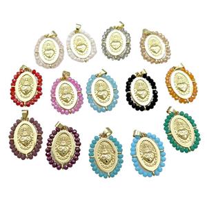Sacred Heart Charms Religious Copper Oval Pendant With Crystal Glass Wire Wrapped Gold Plated Mixed, approx 20-25mm