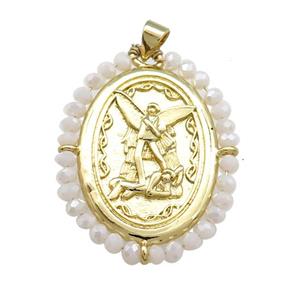 Fairy Charms Copper Oval Pendant With White Crystal Glass Wire Wrapped Gold Plated, approx 27-35mm