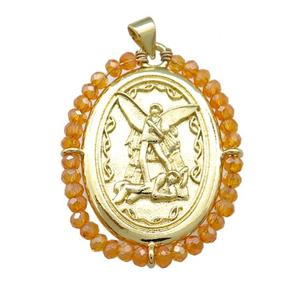 Fairy Charms Copper Oval Pendant With Orange Crystal Glass Wire Wrapped Gold Plated, approx 27-35mm