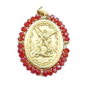 Fairy Charms Copper Oval Pendant With Red Crystal Glass Wire Wrapped Gold Plated, approx 27-35mm
