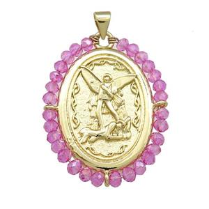Fairy Charms Copper Oval Pendant With Hotpink Crystal Glass Wire Wrapped Gold Plated, approx 27-35mm