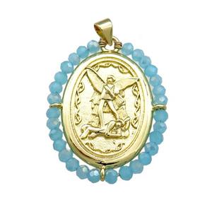 Fairy Charms Copper Oval Pendant With Blue Crystal Glass Wire Wrapped Gold Plated, approx 27-35mm