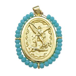 Fairy Charms Copper Oval Pendant With Teal Crystal Glass Wire Wrapped Gold Plated, approx 27-35mm