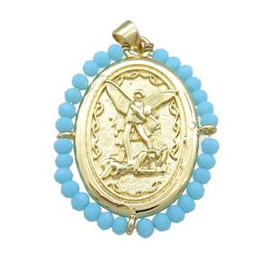 Fairy Charms Copper Oval Pendant With Blue Crystal Glass Wire Wrapped Gold Plated, approx 27-35mm