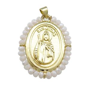 Saint Jude Charms Copper Medal Pendant With White Crystal Glass Wire Wrapped Oval Gold Plated, approx 27-35mm