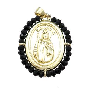 Saint Jude Charms Copper Medal Pendant With Black Crystal Glass Wire Wrapped Oval Gold Plated, approx 27-35mm