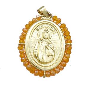 Saint Jude Charms Copper Medal Pendant With Orange Crystal Glass Wire Wrapped Oval Gold Plated, approx 27-35mm