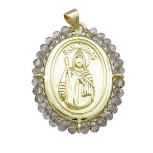 Saint Jude Charms Copper Medal Pendant With Smoky Crystal Glass Wire Wrapped Oval Gold Plated, approx 27-35mm