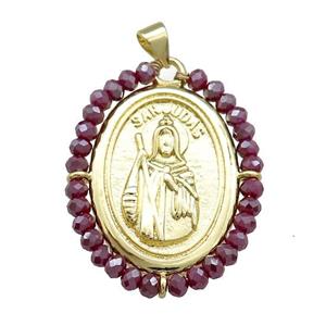 Saint Jude Charms Copper Medal Pendant With Crystal Glass Wire Wrapped Oval Gold Plated, approx 27-35mm