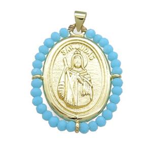 Saint Jude Charms Copper Medal Pendant With Blue Crystal Glass Wire Wrapped Oval Gold Plated, approx 27-35mm