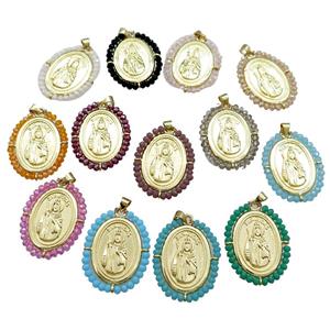 Saint Jude Charms Copper Medal Pendant With Crystal Glass Wire Wrapped Oval Gold Plated Mixed, approx 27-35mm