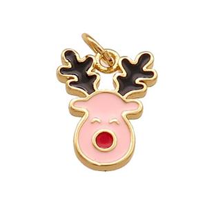 Christmas Reindeer Charms Copper Pendant Pink Enamel Gold Plated, approx 11-14mm