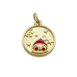 Christmas Santa Claus Charms Copper Circle Pendant Red Enamel Gold Plated, approx 13mm