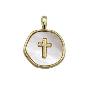 Copper Circle Pendant Pave Shell Cross Gold Plated, approx 14mm
