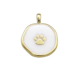 Copper Circle Pendant Paw White Enamel Gold Plated, approx 14mm