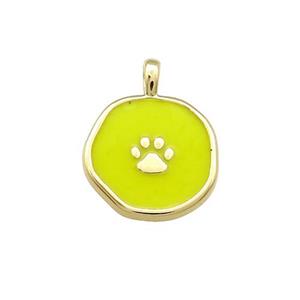 Copper Circle Pendant Paw Yellow Enamel Gold Plated, approx 14mm