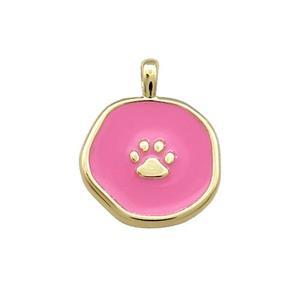 Copper Circle Pendant Paw Pink Enamel Gold Plated, approx 14mm
