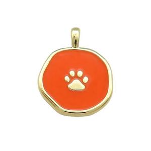 Copper Circle Pendant Paw Orange Enamel Gold Plated, approx 14mm