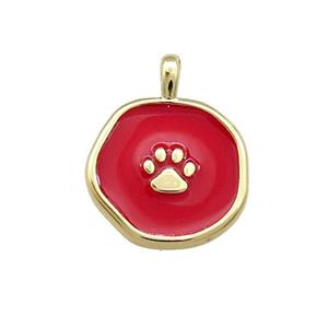 Copper Circle Pendant Paw Red Enamel Gold Plated, approx 14mm