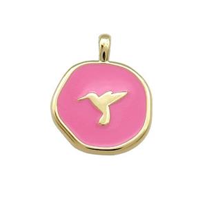 Copper Circle Pendant Hummerbirds Pink Enamel Gold Plated, approx 14mm