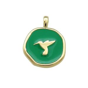 Copper Circle Pendant Hummerbirds Green Enamel Gold Plated, approx 14mm
