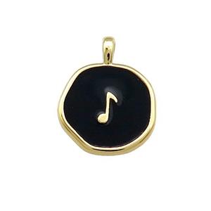 Copper Circle Pendant Musical Note Symbols Black Enamel Gold Plated, approx 14mm