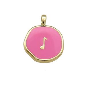 Copper Circle Pendant Musical Note Symbols Pink Enamel Gold Plated, approx 14mm