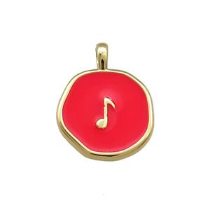 Copper Circle Pendant Musical Note Symbols Red Enamel Gold Plated, approx 14mm