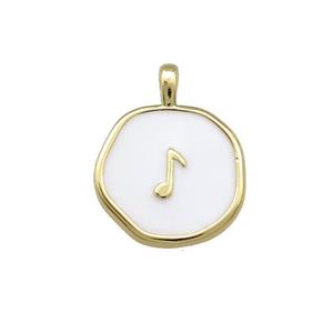 Copper Circle Pendant Musical Note Symbols White Enamel Gold Plated, approx 14mm