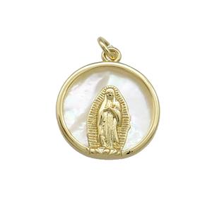 Virgin Mary Charms Copper Circle Pendant Pave Shell Religious Gold Plated, approx 15.5mm