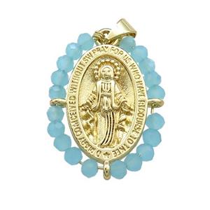 Virgin Mary Charms Copper Medal Pendant With Blue Crystal Glass Wire Wrapped Oval Gold Plated, approx 20-25mm