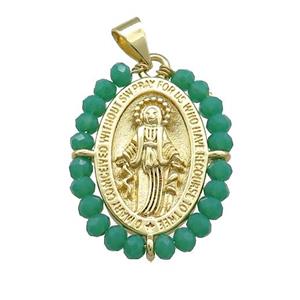 Virgin Mary Charms Copper Medal Pendant With Green Crystal Glass Wire Wrapped Oval Gold Plated, approx 20-25mm