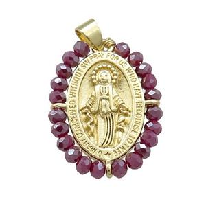 Virgin Mary Charms Copper Medal Pendant With Purple Crystal Glass Wire Wrapped Oval Gold Plated, approx 20-25mm