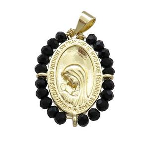 Virgin Mary Charms Copper Medal Pendant With Black Crystal Glass Wire Wrapped Oval Gold Plated, approx 20-25mm