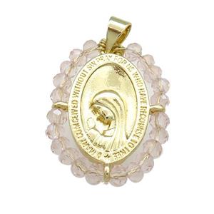 Virgin Mary Charms Copper Medal Pendant With Champagne Crystal Glass Wire Wrapped Oval Gold Plated, approx 20-25mm
