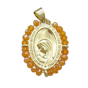 Virgin Mary Charms Copper Medal Pendant With Crystal Glass Wire Wrapped Oval Gold Plated, approx 20-25mm