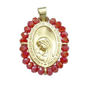 Virgin Mary Charms Copper Medal Pendant With Red Crystal Glass Wire Wrapped Oval Gold Plated, approx 20-25mm