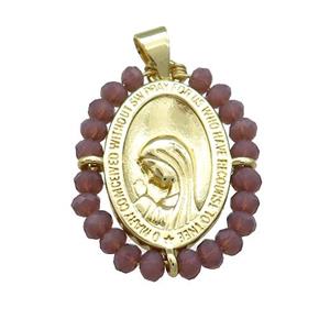 Virgin Mary Charms Copper Medal Pendant With Crystal Glass Wire Wrapped Oval Gold Plated, approx 20-25mm