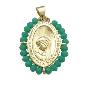 Virgin Mary Charms Copper Medal Pendant With Green Crystal Glass Wire Wrapped Oval Gold Plated, approx 20-25mm