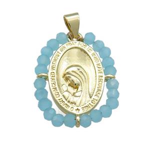 Virgin Mary Charms Copper Medal Pendant With Blue Crystal Glass Wire Wrapped Oval Gold Plated, approx 20-25mm