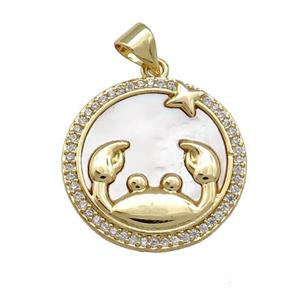 Zodiac Cancer Charms Copper Circle Pendant Pave Shell Zircon 18K Gold Plated, approx 20mm
